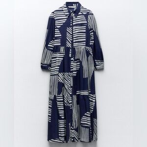 NWT! Zara Blue and White Striped Pattern Long Sleeve Printed Shirt Dress